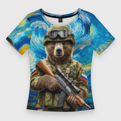 Женская футболка 3D Slim Ночной снайпер бурый медведь
