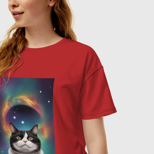 Женская футболка хлопок Oversize Мечтательный космический котик, цвет красный - фото 3