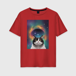 Женская футболка хлопок Oversize Мечтательный космический котик