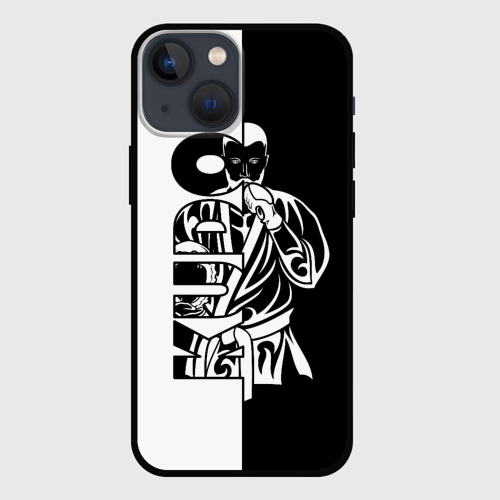 Чехол для iPhone 13 mini с принтом Kudo черно-белое, вид спереди #2