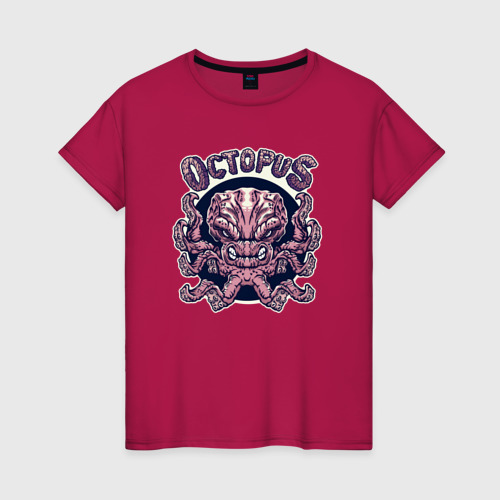 Женская футболка хлопок с принтом Octopus - злобный осьминог, вид спереди #2