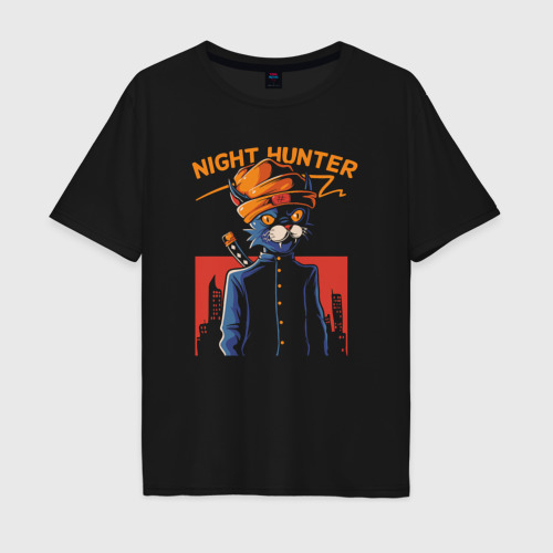 Мужская футболка хлопок Oversize Кот ночной охотник, цвет черный