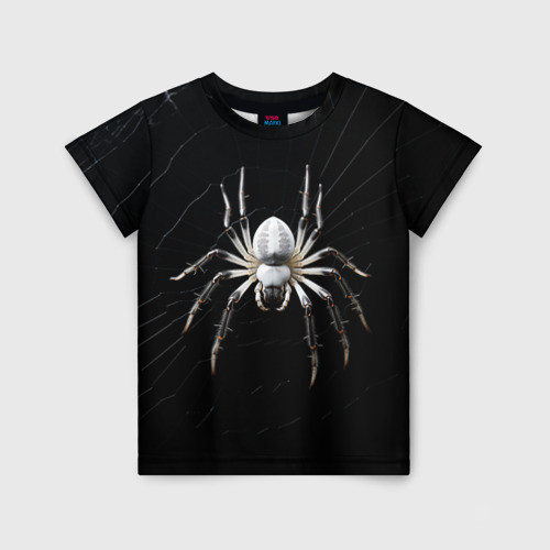 Детская футболка с принтом Белый паук на черном фоне, вид спереди №1
