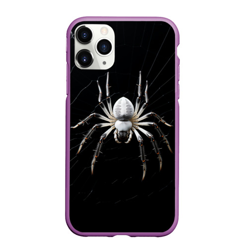 Чехол для iPhone 11 Pro Max матовый с принтом Белый паук на черном фоне, вид спереди #2