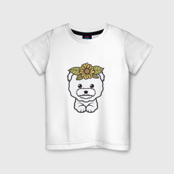 Детская футболка хлопок Бишон фризе щенок с цветами