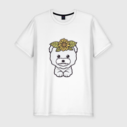 Мужская футболка хлопок Slim Бишон фризе щенок с цветами