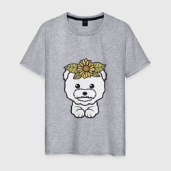 Мужская футболка хлопок Бишон фризе щенок с цветами