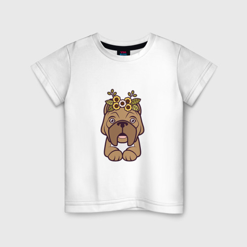 Детская футболка из хлопка с принтом Боксер щенок с цветами, вид спереди №1