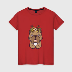 Женская футболка хлопок Боксер щенок с цветами