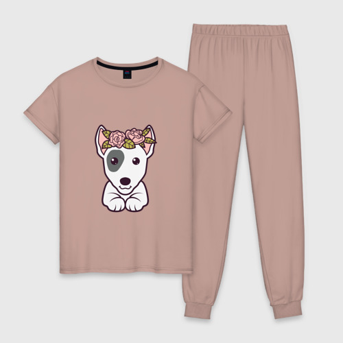 Женская пижама хлопок Бультерьер щенок с цветами, цвет пыльно-розовый