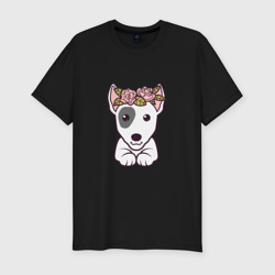 Мужская футболка хлопок Slim Бультерьер щенок с цветами