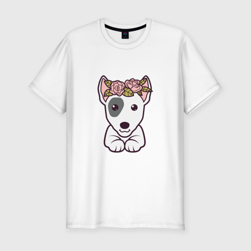 Мужская футболка хлопок Slim Бультерьер щенок с цветами, цвет белый