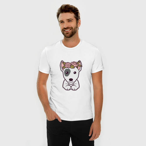 Мужская футболка хлопок Slim Бультерьер щенок с цветами, цвет белый - фото 3