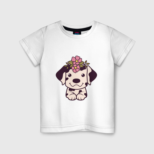 Детская футболка из хлопка с принтом Далматин щенок с цветами, вид спереди №1