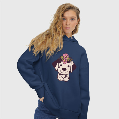 Женское худи Oversize хлопок с принтом Далматин щенок с цветами, вид сбоку #3