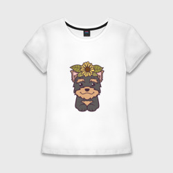 Женская футболка хлопок Slim Йоркширский терьер щенок с цветами