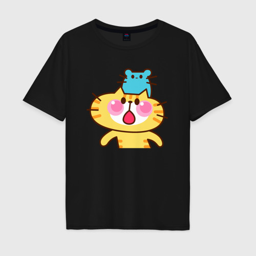 Мужская футболка хлопок Oversize с принтом Жёлтый котик с мышонком, вид спереди #2