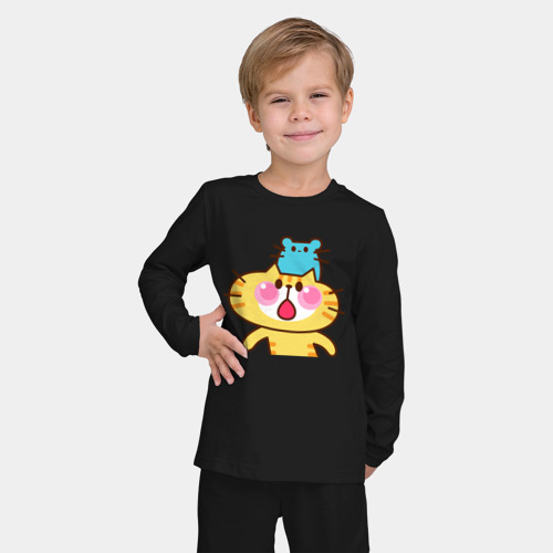 Детская пижама с лонгсливом хлопок с принтом Жёлтый котик с мышонком, фото на моделе #1