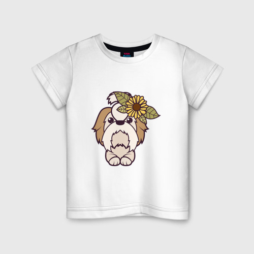 Детская футболка из хлопка с принтом Мальтийская болонка щенок с цветами, вид спереди №1
