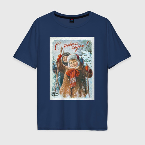 Мужская футболка хлопок Oversize с принтом Два мальчика  с лыжными палками, вид спереди #2