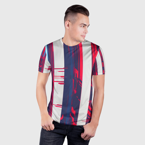 Мужская футболка 3D Slim с принтом Киберпанк глитч синий и красный, фото на моделе #1