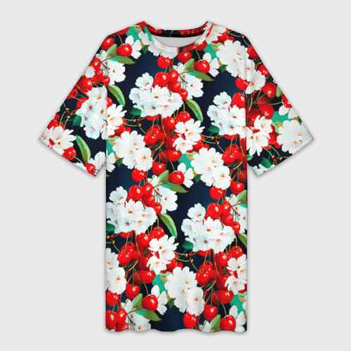 Платье-футболка с принтом Вишня в цветах и ягодах, вид спереди №1