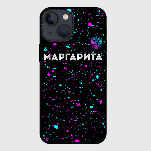 Чехол для iPhone 13 mini Маргарита и неоновый герб России посередине
