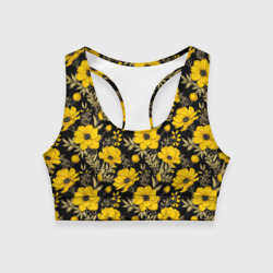 Женский спортивный топ 3D Желтые цветы на черном фоне паттерн