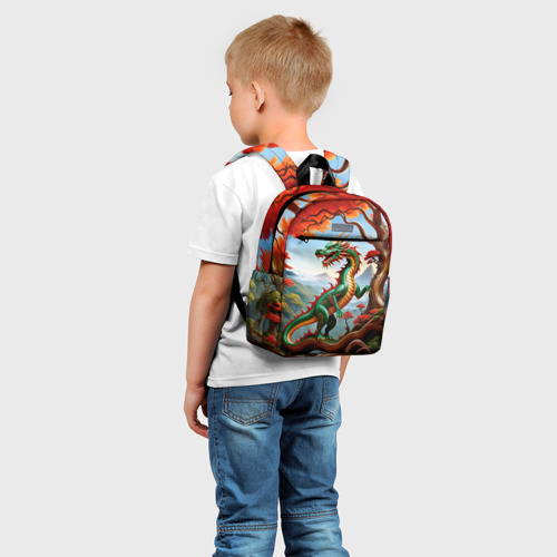 Детский рюкзак 3D с принтом Зеленый деревянный дракон, фото на моделе #1