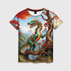 Женская футболка 3D Зеленый деревянный дракон