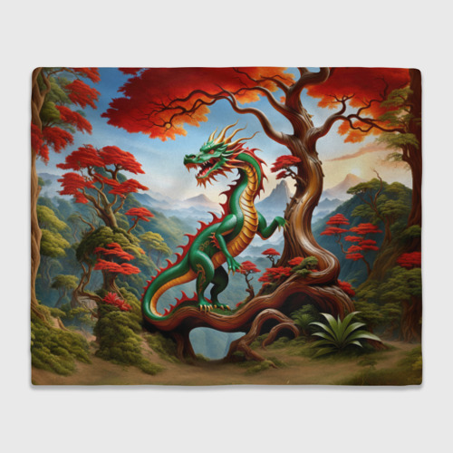 Плед 3D с принтом Зеленый деревянный дракон, вид спереди #2