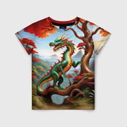 Детская футболка 3D Зеленый деревянный дракон