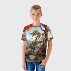 Детская футболка 3D Зеленый деревянный дракон - фото 2