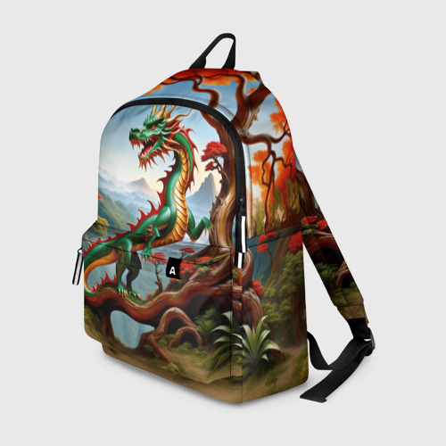 Рюкзак 3D с принтом Зеленый деревянный дракон, вид спереди #2