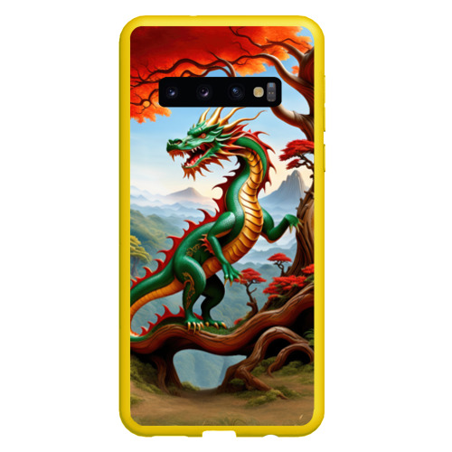 Чехол для Samsung Galaxy S10 с принтом Зеленый деревянный дракон, вид спереди №1