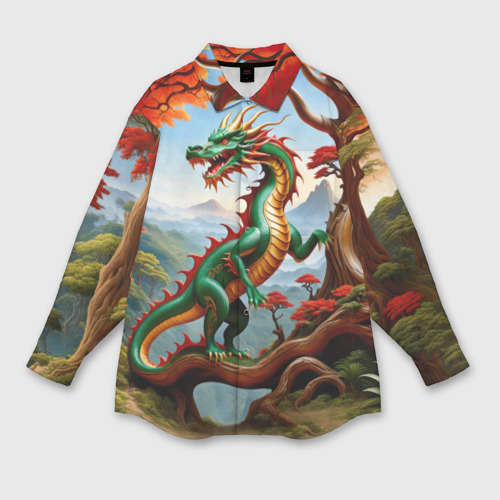 Мужская рубашка oversize 3D с принтом Зеленый деревянный дракон, вид спереди #2
