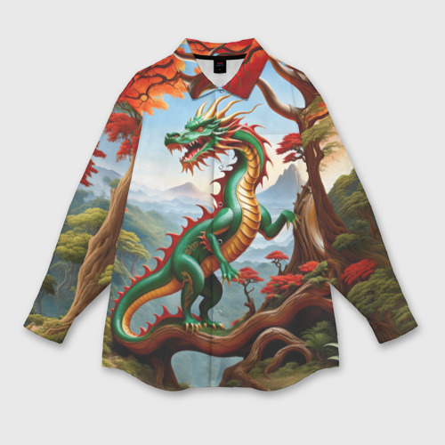 Женская рубашка oversize 3D с принтом Зеленый деревянный дракон, вид спереди #2