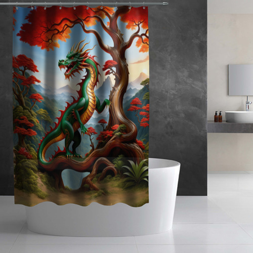 Штора 3D для ванной Зеленый деревянный дракон - фото 3