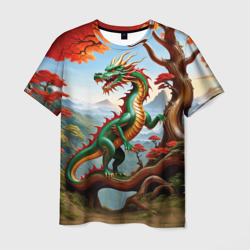 Мужская футболка 3D Зеленый деревянный дракон