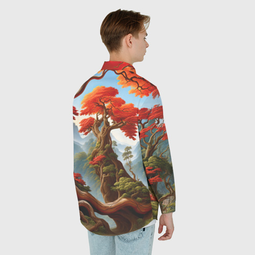 Мужская рубашка oversize 3D с принтом Зеленый деревянный дракон, вид сзади #2