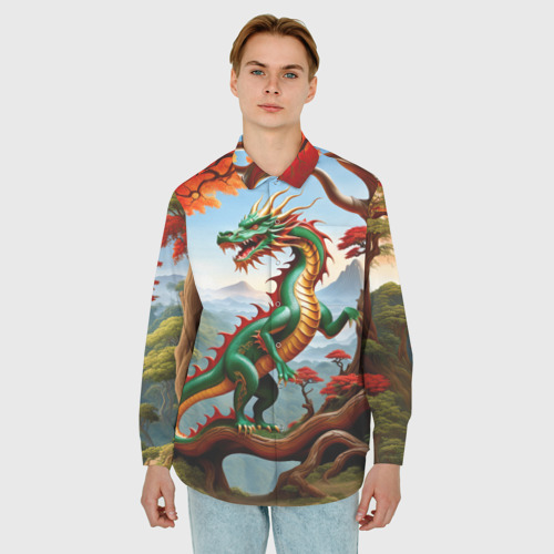 Мужская рубашка oversize 3D с принтом Зеленый деревянный дракон, фото на моделе #1