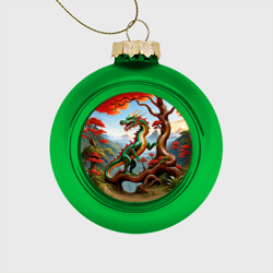 Зеленый деревянный дракон – Стеклянный ёлочный шар с принтом купить