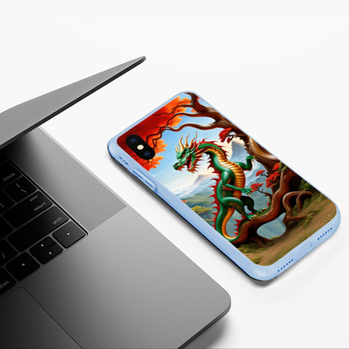 Чехол для iPhone XS Max матовый Зеленый деревянный дракон, цвет голубой - фото 5