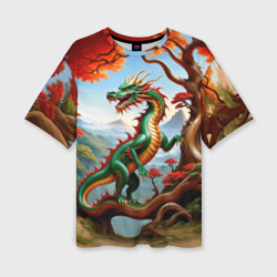 Женская футболка oversize 3D Зеленый деревянный дракон