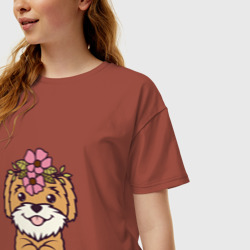 Женская футболка хлопок Oversize Мальтипу щенок с цветами - фото 2