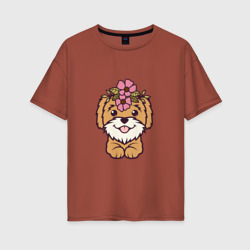 Женская футболка хлопок Oversize Мальтипу щенок с цветами
