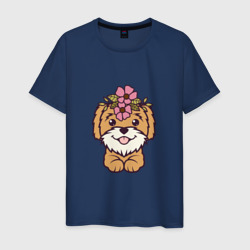 Мужская футболка хлопок Мальтипу щенок с цветами