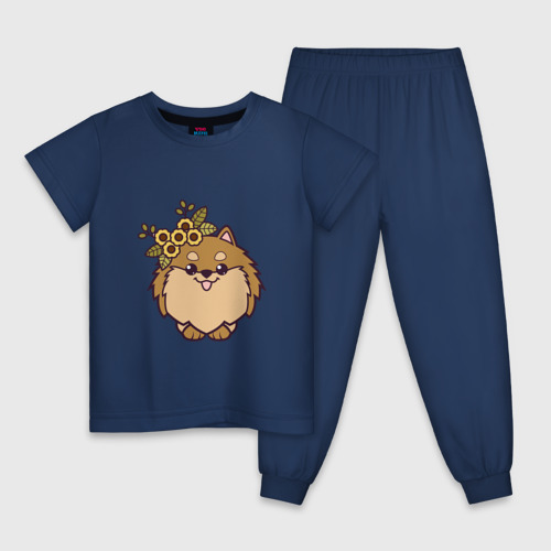 Детская пижама хлопок с принтом Шпиц щенок с цветами, вид спереди #2