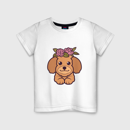 Детская футболка из хлопка с принтом Пудель щенок с цветами, вид спереди №1