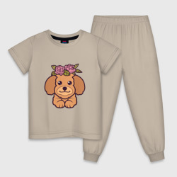Детская пижама хлопок Пудель щенок с цветами